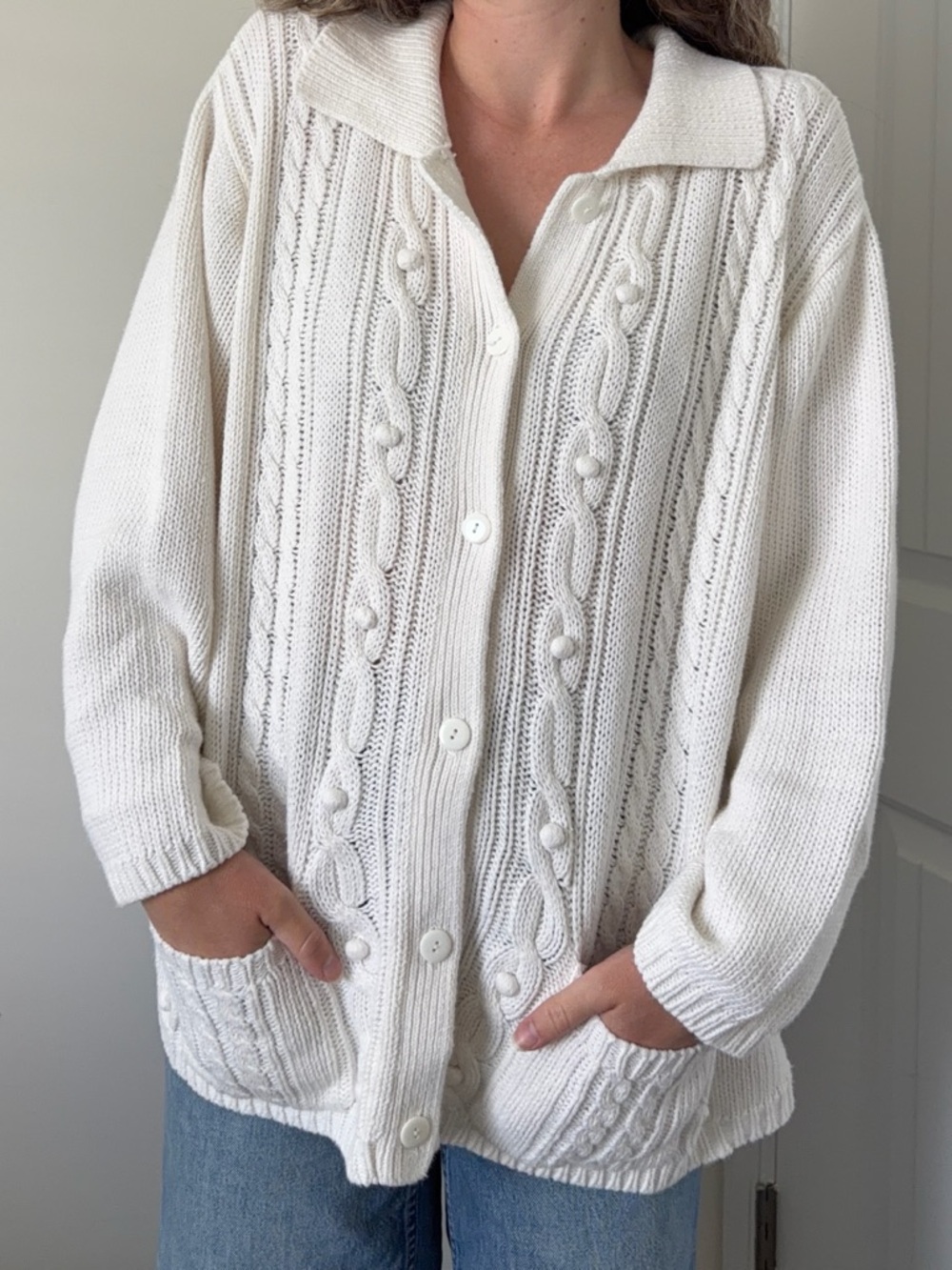 Classic Cream Cable-Knit Button-Up Sweater Cardigan